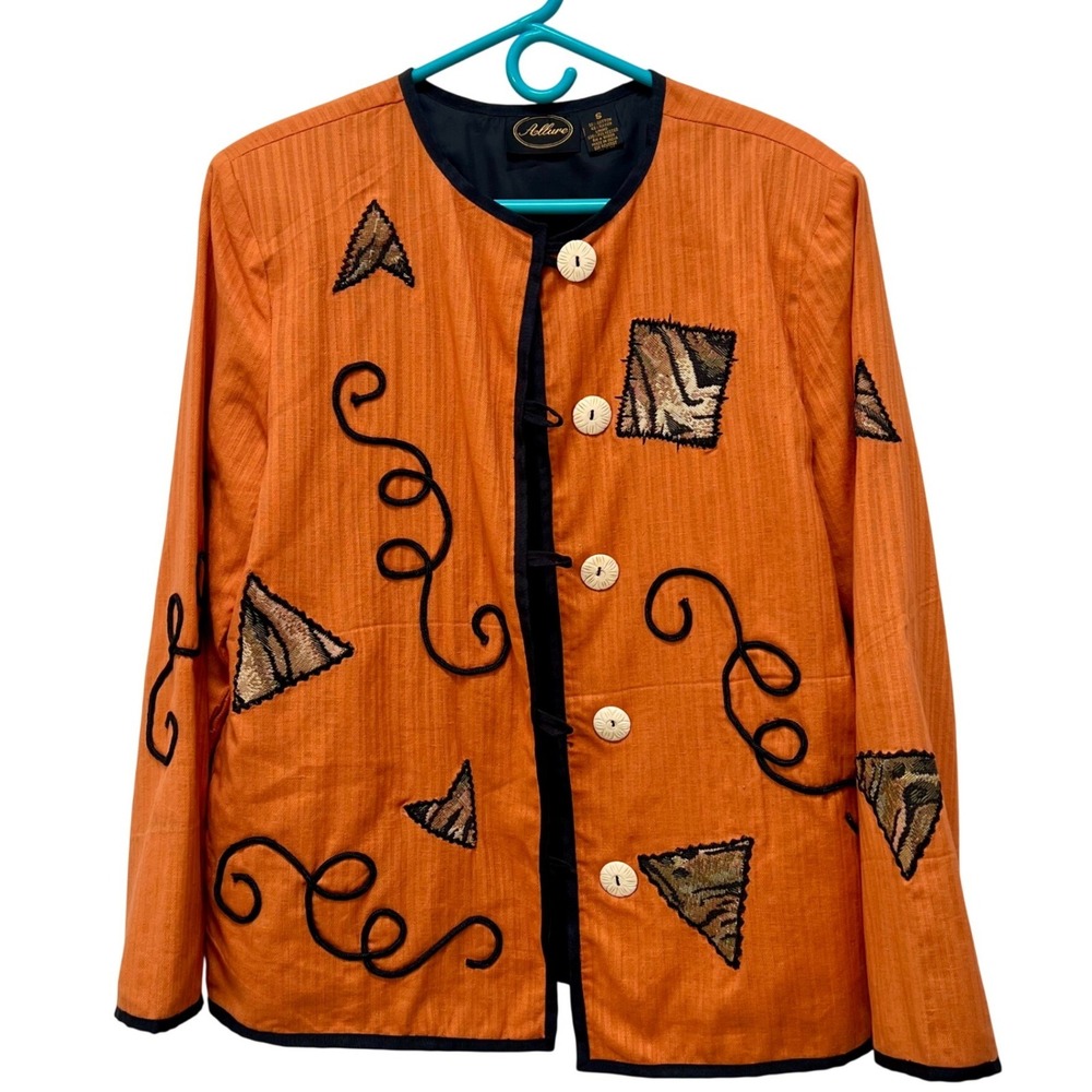 Allure Vintage Orange Embroidered Art to Wear Patchwork Jacket Small Twee Retro